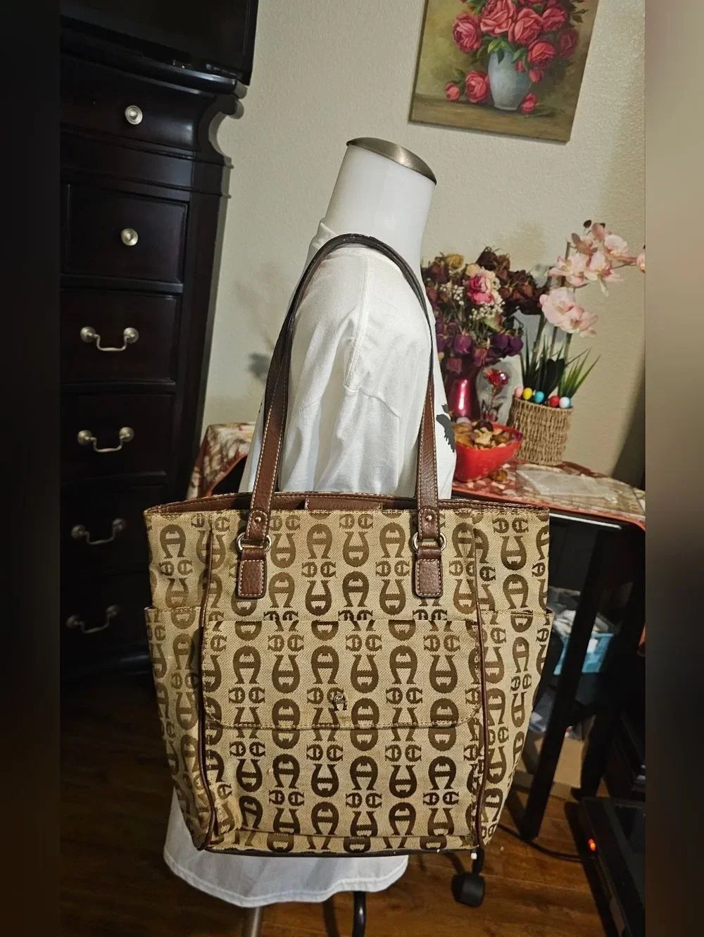 Etienne Aigner Beige Monogram Canvas Tote with Brown Leather Trim